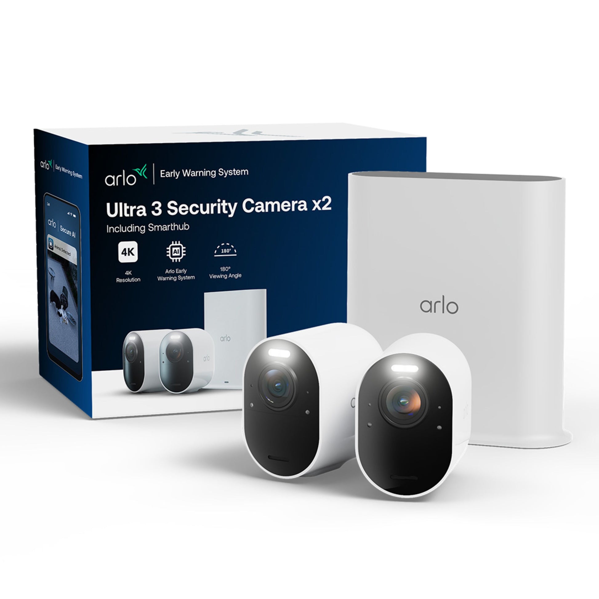 Arlo Ultra 3 4K trådløs overvågningskamera 2-pak med to kameraer, smart hub og æske med info om 4K opløsning og farvenatvision.
