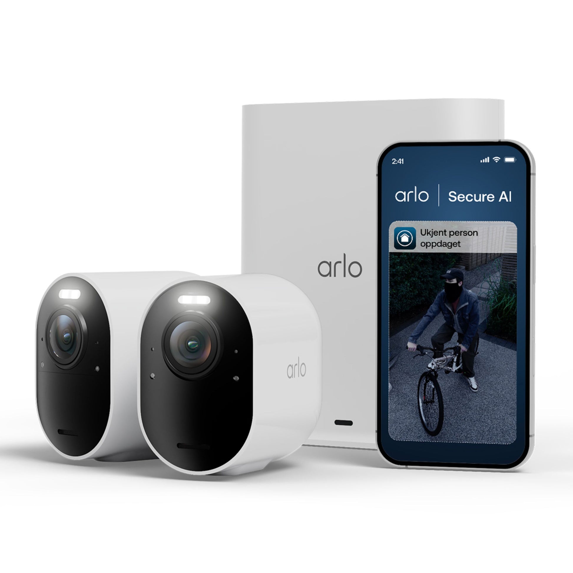 Arlo Ultra 3 4K trådløse overvågningskameraer 2-pak med smartphone der viser sikkerhedsadvarsel.