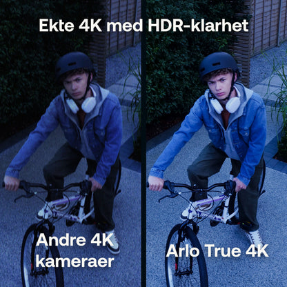 Arlo Ultra 3 4K trådløs overvågningskamera 2-pak billedsammenligning med HDR-klarhed tekst.