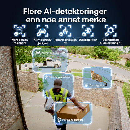 Arlo Ultra 3 4K trådløs overvågningskamera 2-pak med AI-ikoner visende bil, person, kat og pakke samt natvisionstekst.
