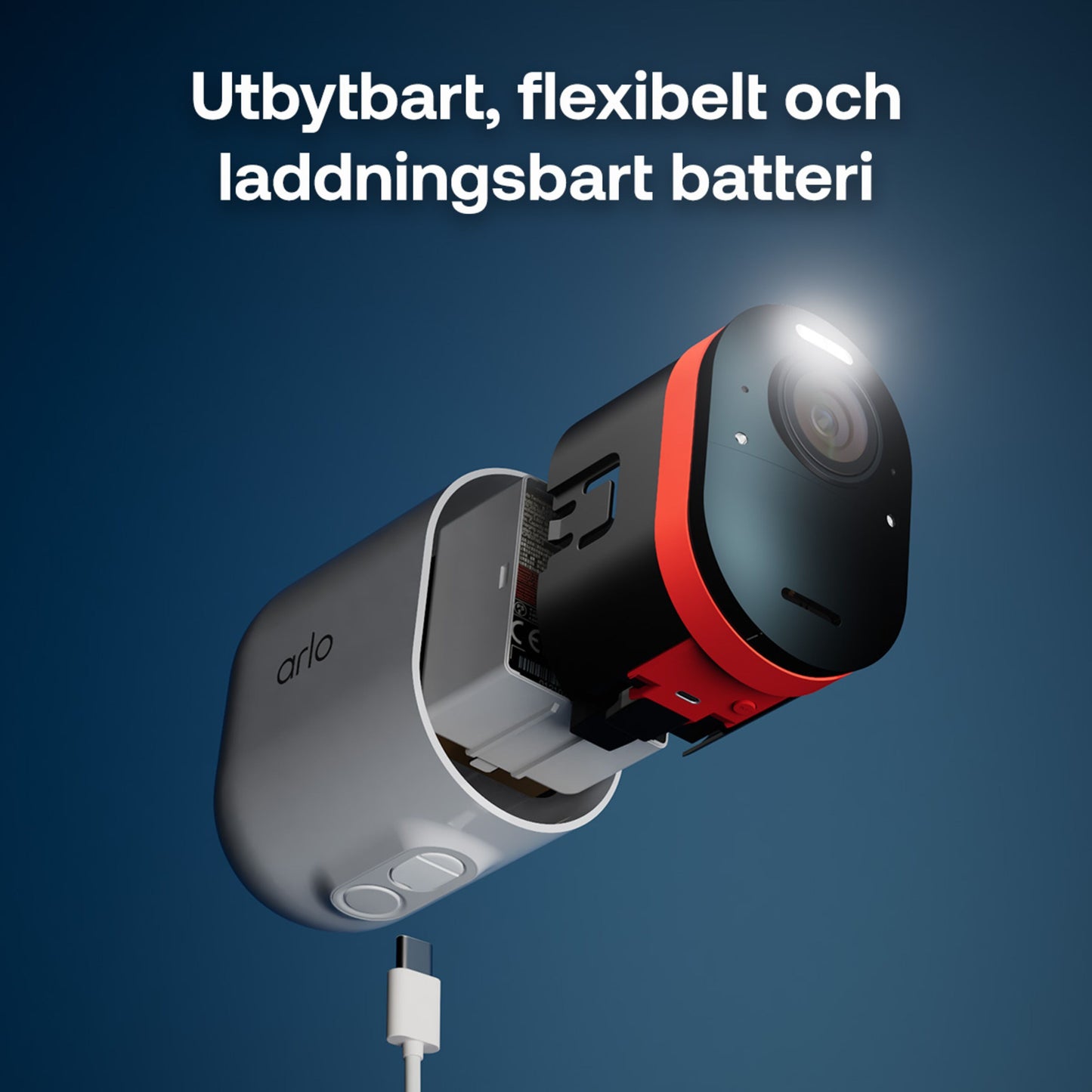 Arlo Ultra 3 4K trådløst overvågningskamera med delvist udtaget batteri, synlig ladeport og kabel, tekst: "Utbytbart, flexibelt och laddningsbart batteri.