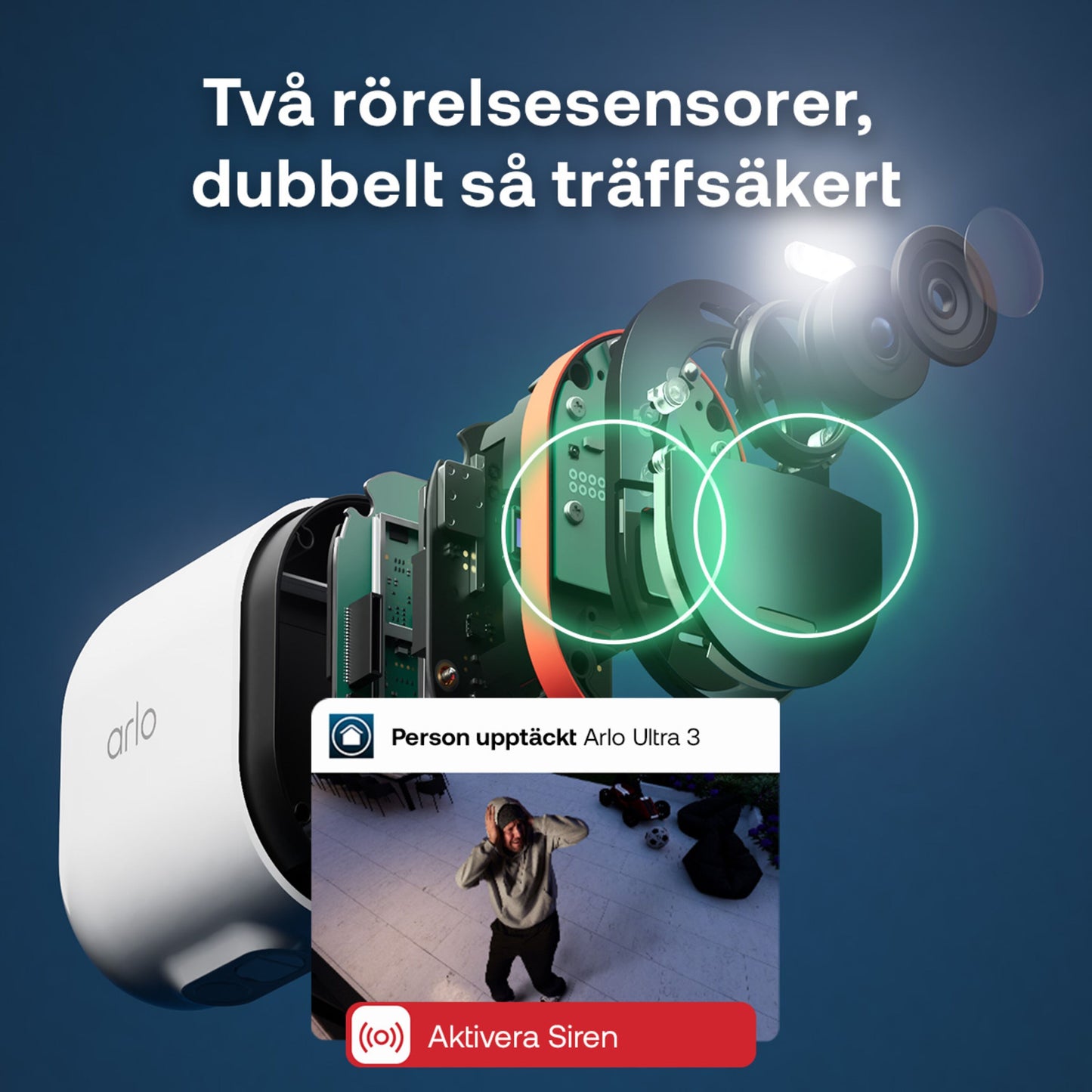 Arlo Ultra 3 4K trådløst overvågningskamera 2-pak, synlige indre dele, tekst: "Två rörelsesensorer, dubbelt så träffsäker.