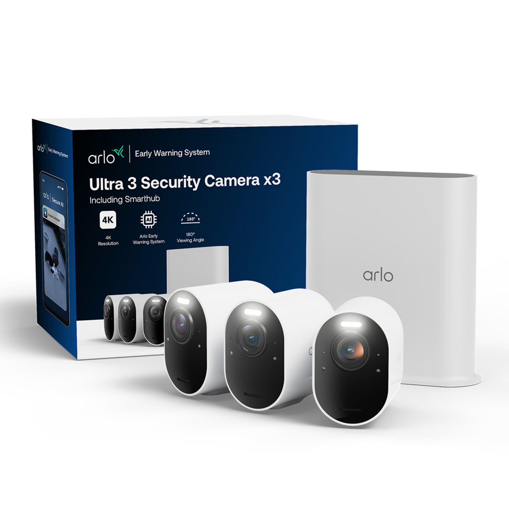 Arlo Ultra 3 4K trådløst overvågningskamera-sæt med tre kameraer, SmartHub, farve-nattesyn og bred synsvinkel.