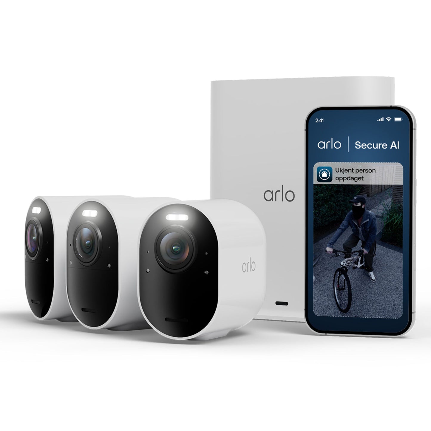 Arlo Ultra 3 4K trådløse overvågningskameraer med basestation ved smartphone med app og farvenattesyn-advarsel.