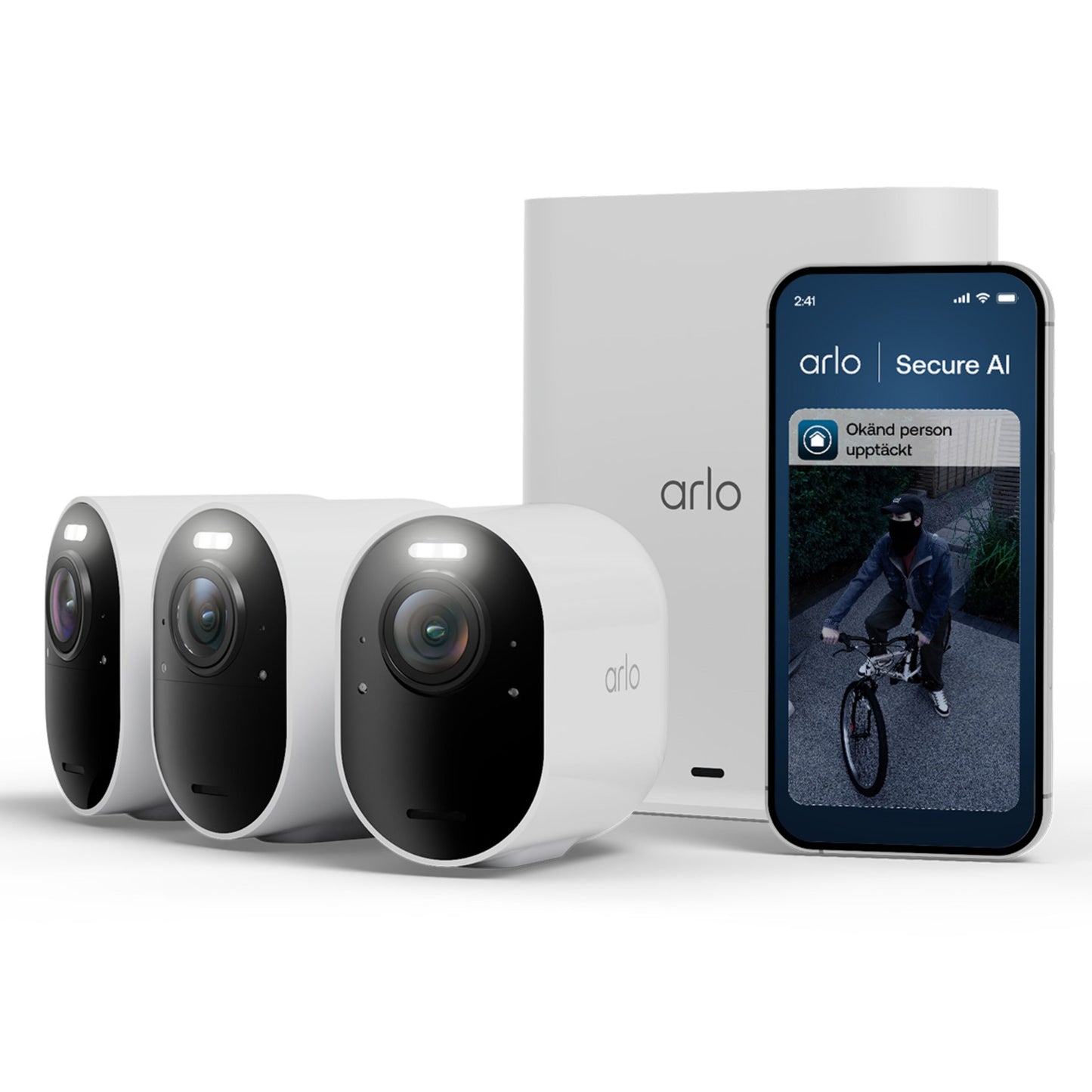 Arlo Ultra 3 4K trådløse overvågningskameraer med bred synsvinkel, farvenattesyn, hvid base og smartphone med Arlo-app.