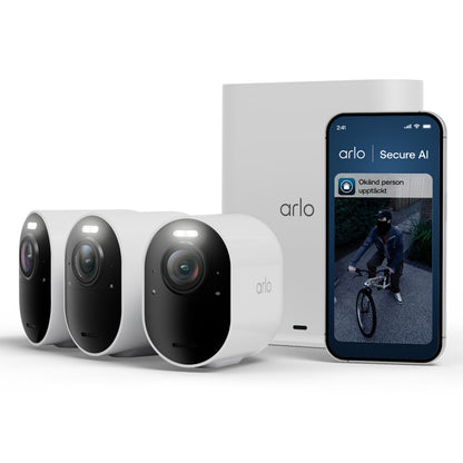 Arlo Ultra 3 4K trådløse overvågningskameraer med bred synsvinkel, farvenattesyn, hvid base og smartphone med Arlo-app.