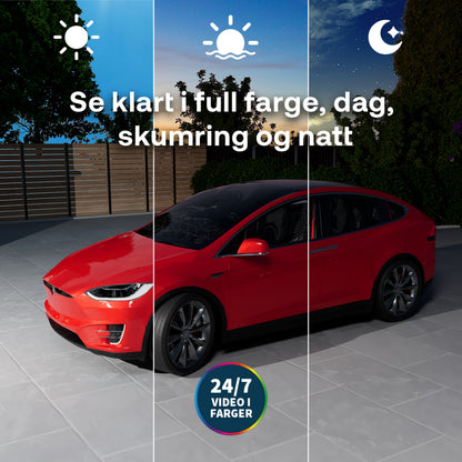 Arlo Ultra 3 4K med farvenattesyn og bred synsvinkel, 24/7 video i farver, viser bil dag, skumring og nat.