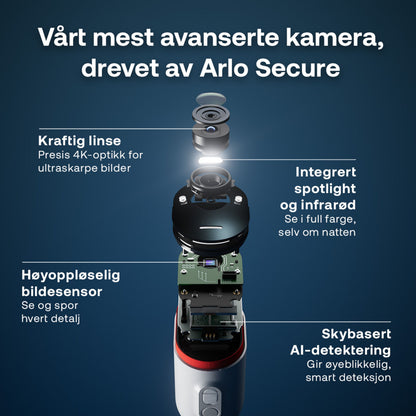 Arlo Ultra 3 4K trådløst overvågningskamera 3-pak, visning med kraftig 4K-linse, sensor, spotlight/IR og AI-detektion.
