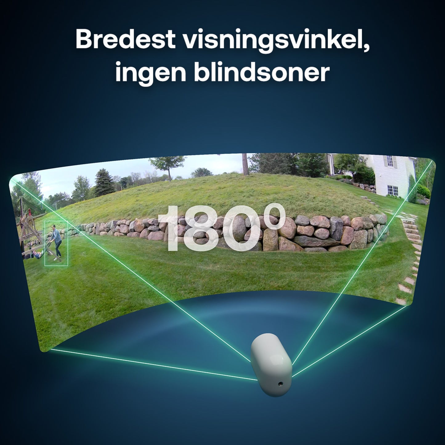 Arlo Ultra 3 4K trådløs overvågningskamera 3-pak, bred 180° vinkel, viser græsplæne med sten og træer.