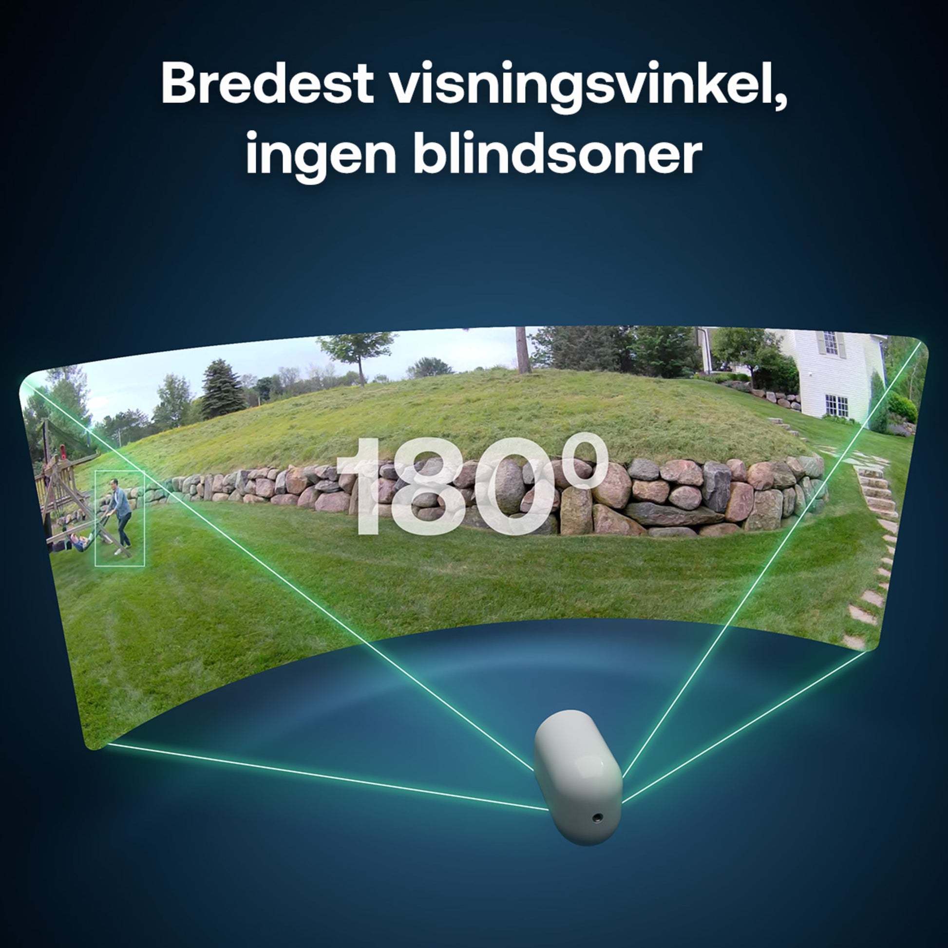 Arlo Ultra 3 4K trådløs overvågningskamera 3-pak, bred 180° vinkel, viser græsplæne med sten og træer.