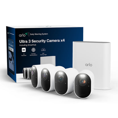 Arlo Ultra 3 4K trådløse overvågningskameraer x4 og smarthub foran blå æske med tekst "Ultra 3 Security Camera x4 Including Smarthub.