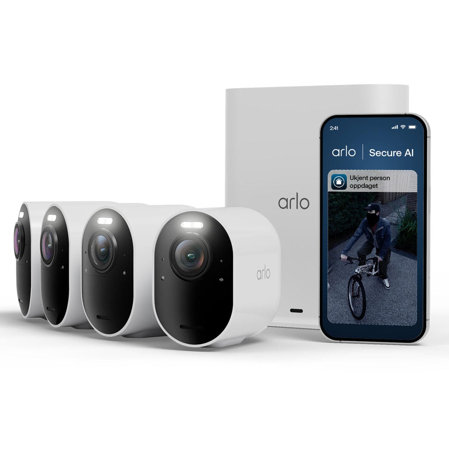 Arlo Ultra 3 4K trådløse overvågningskameraer, basestation og smartphone med Arlo-app, der viser 4K-optagelse.