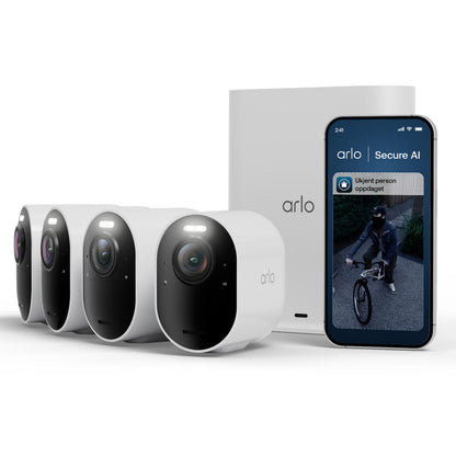 Arlo Ultra 3 4K trådløse overvågningskameraer, basestation og smartphone med Arlo-app, der viser 4K-optagelse.