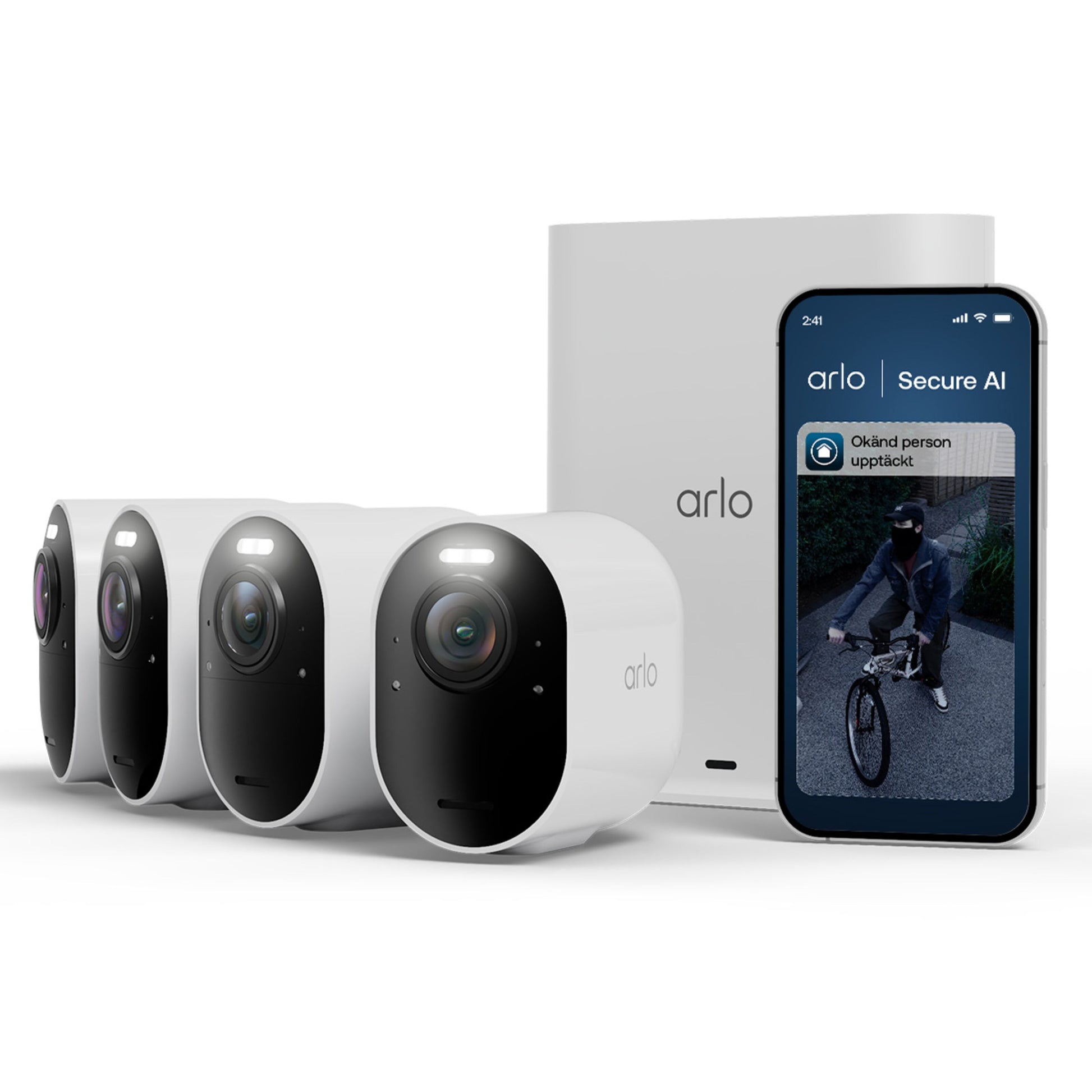 Arlo Ultra 3 4K trådløse overvågningskameraer 4-pak med basestation og Arlo Secure AI-app alarm vist på smartphone.