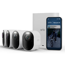 Arlo Ultra 3 4K trådløse overvågningskameraer 4-pak med basestation og Arlo Secure AI-app alarm vist på smartphone.