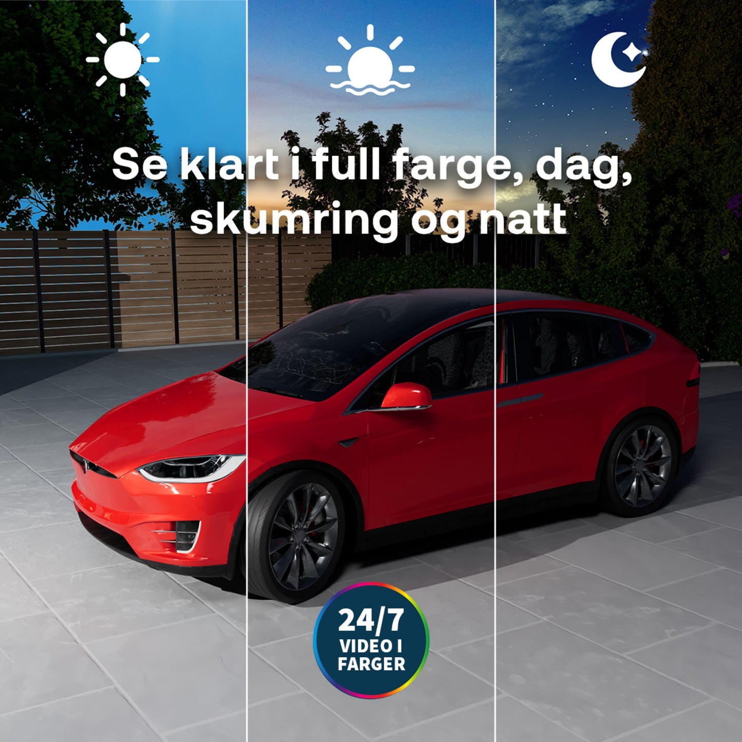 Arlo Ultra 3 4K Trådløs overvågningskamera 4-pack, visning dag, skumring, nat, badge "Se klart i fuld farve.