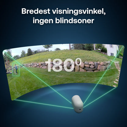 Arlo Ultra 3 4K trådløs overvågningskamera 4-pak viser bredt 180° synsfelt ved hvidt hus og stenvæg.