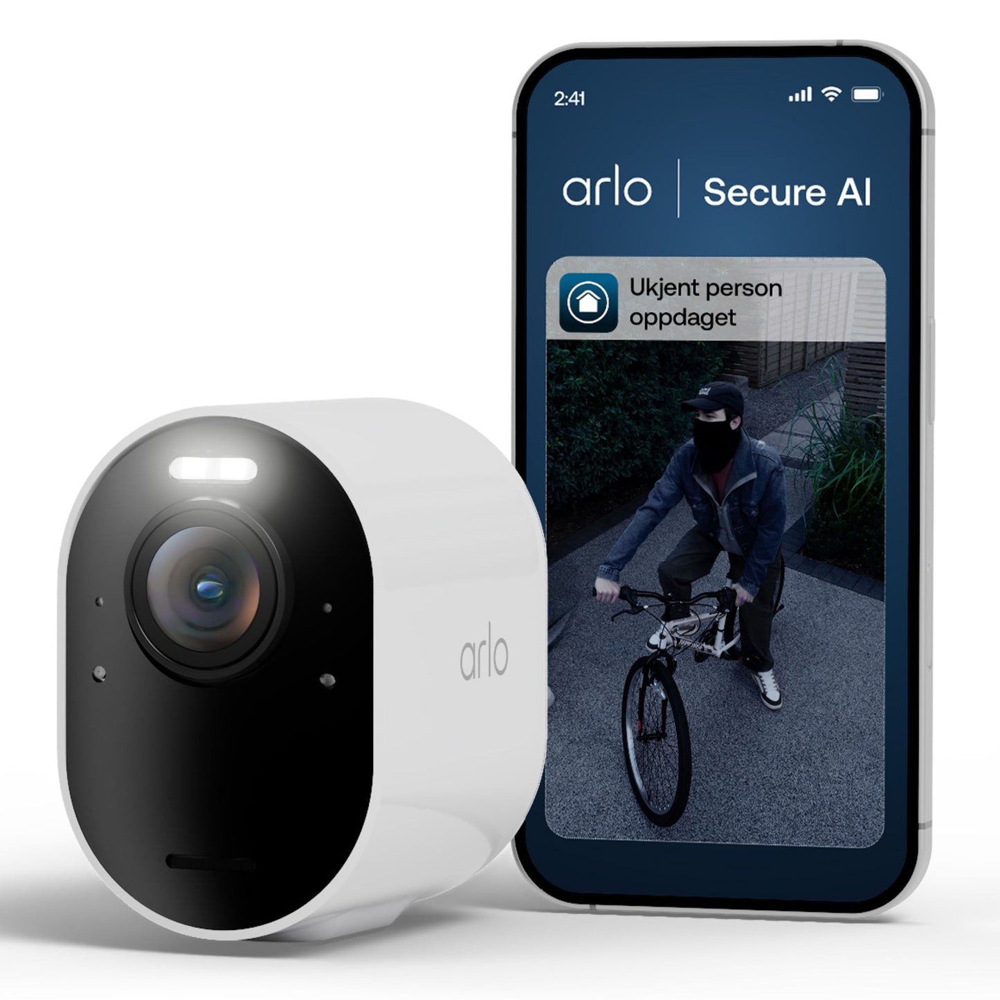 Arlo Ultra 3 4K trådløst overvågningskamera ved siden af smartphone med advarsel: "Ukjent person oppdaget.