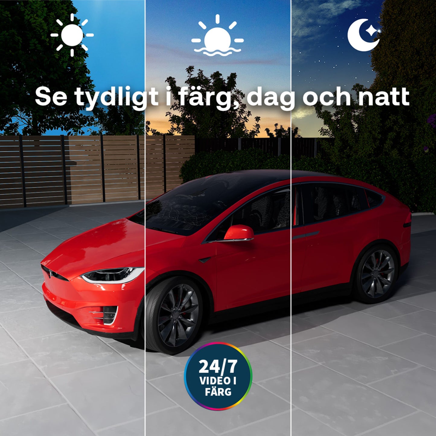 Arlo Ultra 3 4K trådløst overvågningskamera, svensk tekst "Se tydligt i färg, dag och natt", "24/7 video i färg"-mærke.