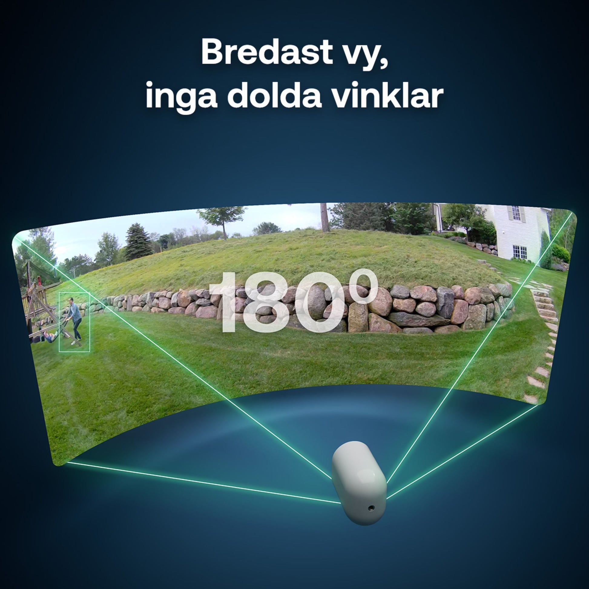 Arlo Ultra 3 4K trådløs overvågningskamera, 180° vidvinkel, udendørs græsplæne, stenmur og hus, tekst: Bredast vy.