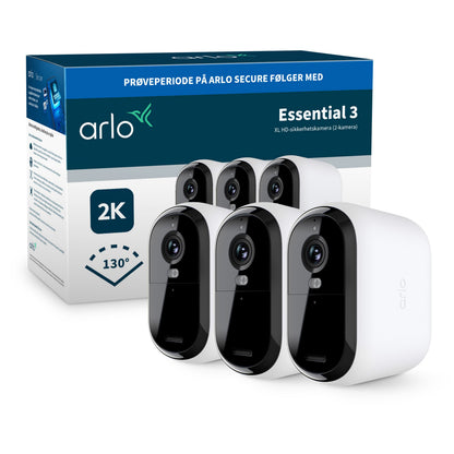 Arlo Essential 3 XL 2K trådløse overvågningskameraer, synlige foran æske med 2K opløsning og 130° synsvinkel.