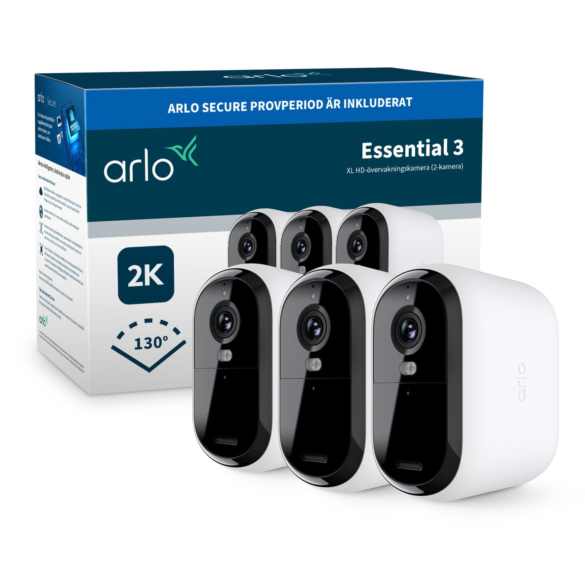 Arlo Essential 3 XL 2K trådløs overvågningskameraer sort/hvid, 2K opløsning, 130° synsvinkel, udendørs brug.
