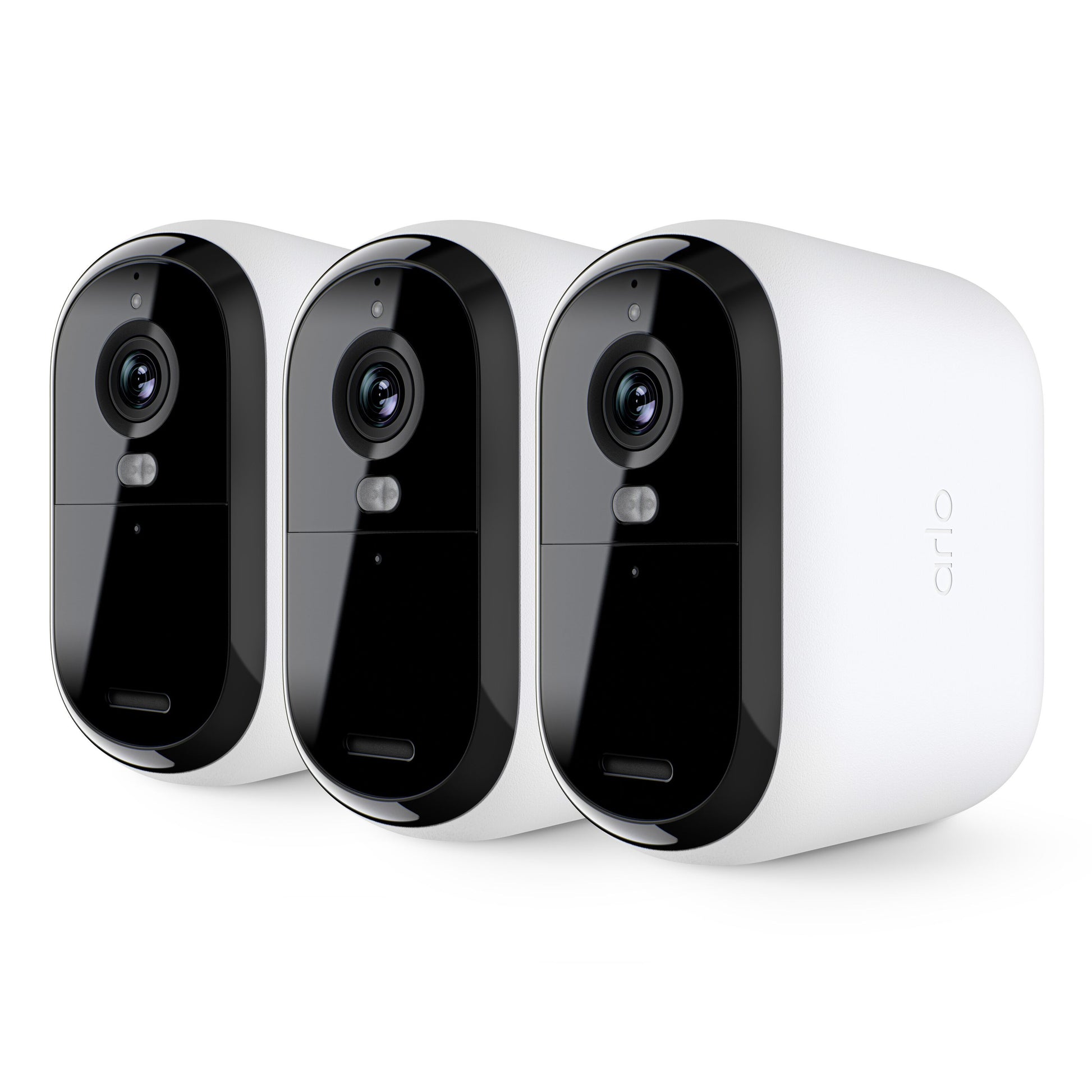 Arlo Essential 3 XL 2K trådløse overvågningskameraer 3-pak hvid/sort linse og bevægelsessensor foran Arlo-logo på siden.