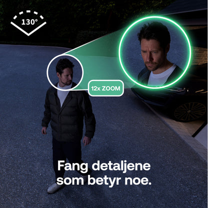 Arlo Essential 3 XL 2K trådløst overvågningskamera 3-pak, visning af mand med 12x zoom og 130° synsfelt, norsk tekst.