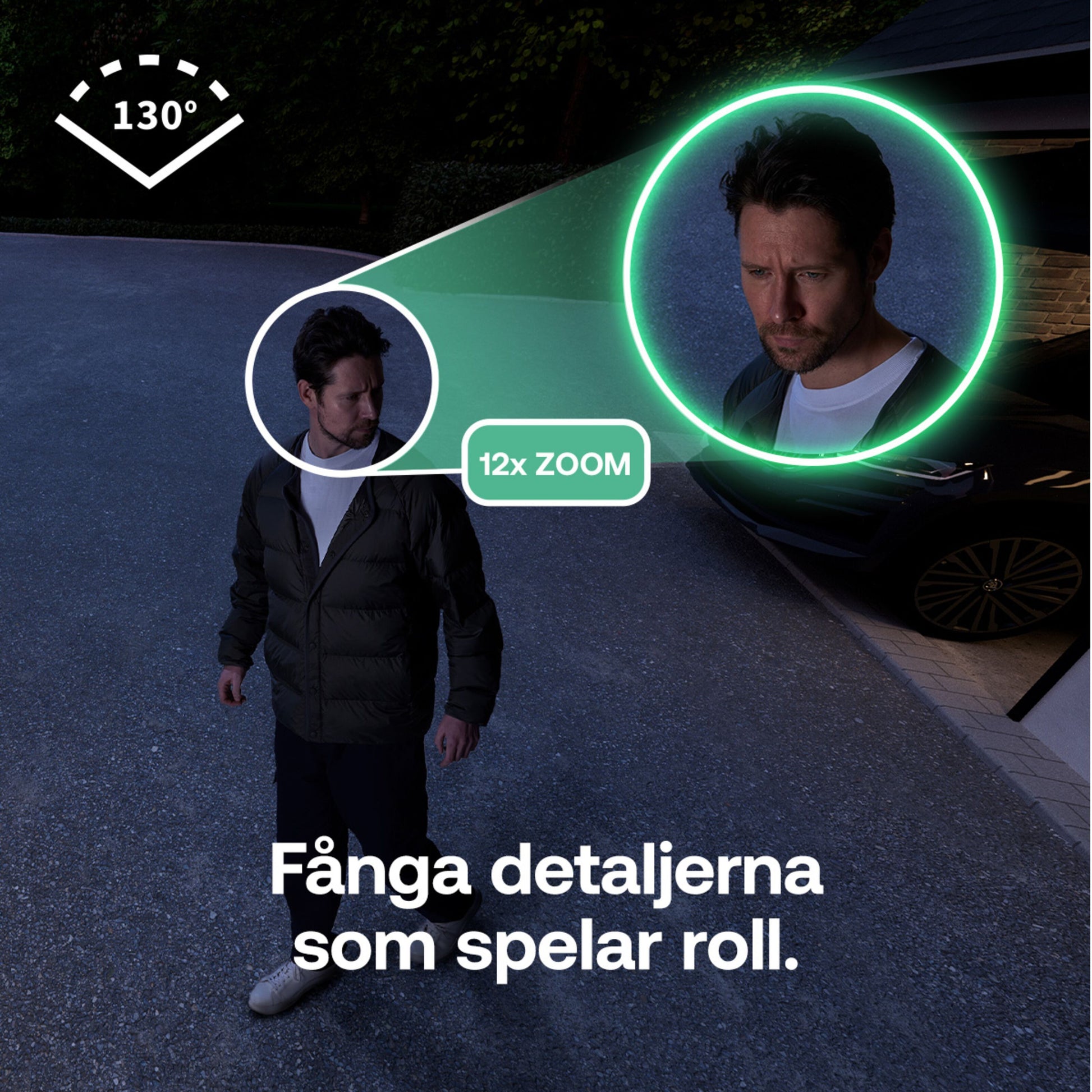 Arlo Essential 3 XL 2K kamera, 12x zoom grafik, 130° synsfelt ikon, svensk tekst: Fånga detaljerna som spelar roll.