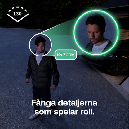 Arlo Essential 3 XL 2K kamera, 12x zoom grafik, 130° synsfelt ikon, svensk tekst: Fånga detaljerna som spelar roll.