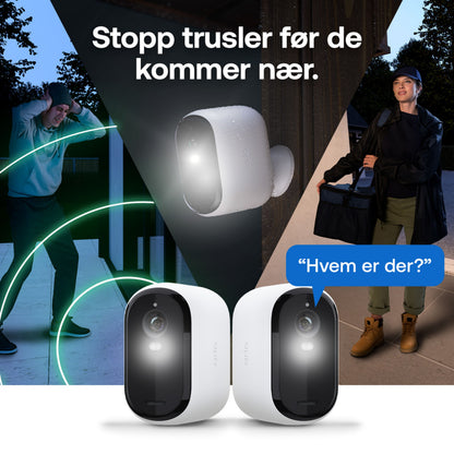 Arlo Essential 3 XL 2K trådløse overvågningskameraer 3-pak med grønne bevægelsesdetekteringslys aktiveret.