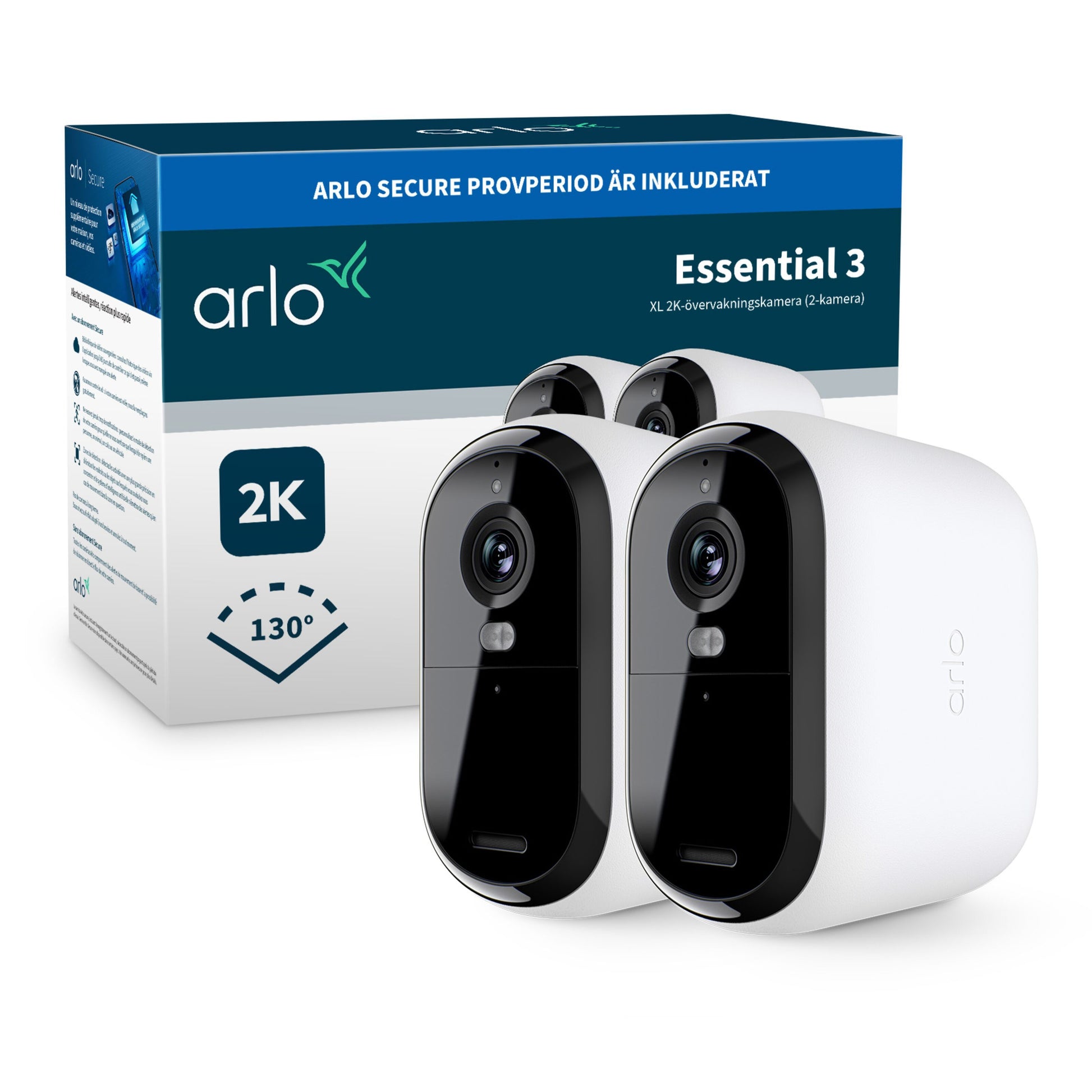 Arlo Essential 3 XL 2K trådløs overvågningskamera 2-pack med to kameraer, 2K opløsning, 130° synsfelt, svensk emballage.
