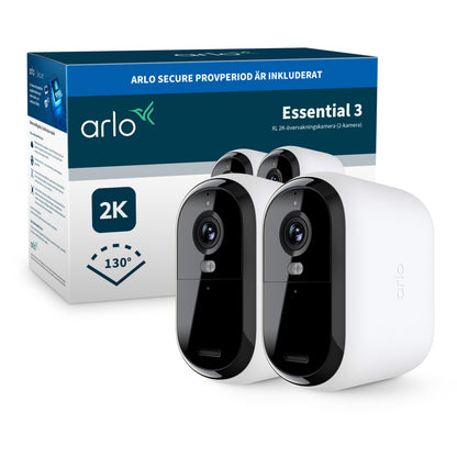 Arlo Essential 3 XL 2K trådløs overvågningskamera 2-pack med to kameraer, 2K opløsning, 130° synsfelt, svensk emballage.