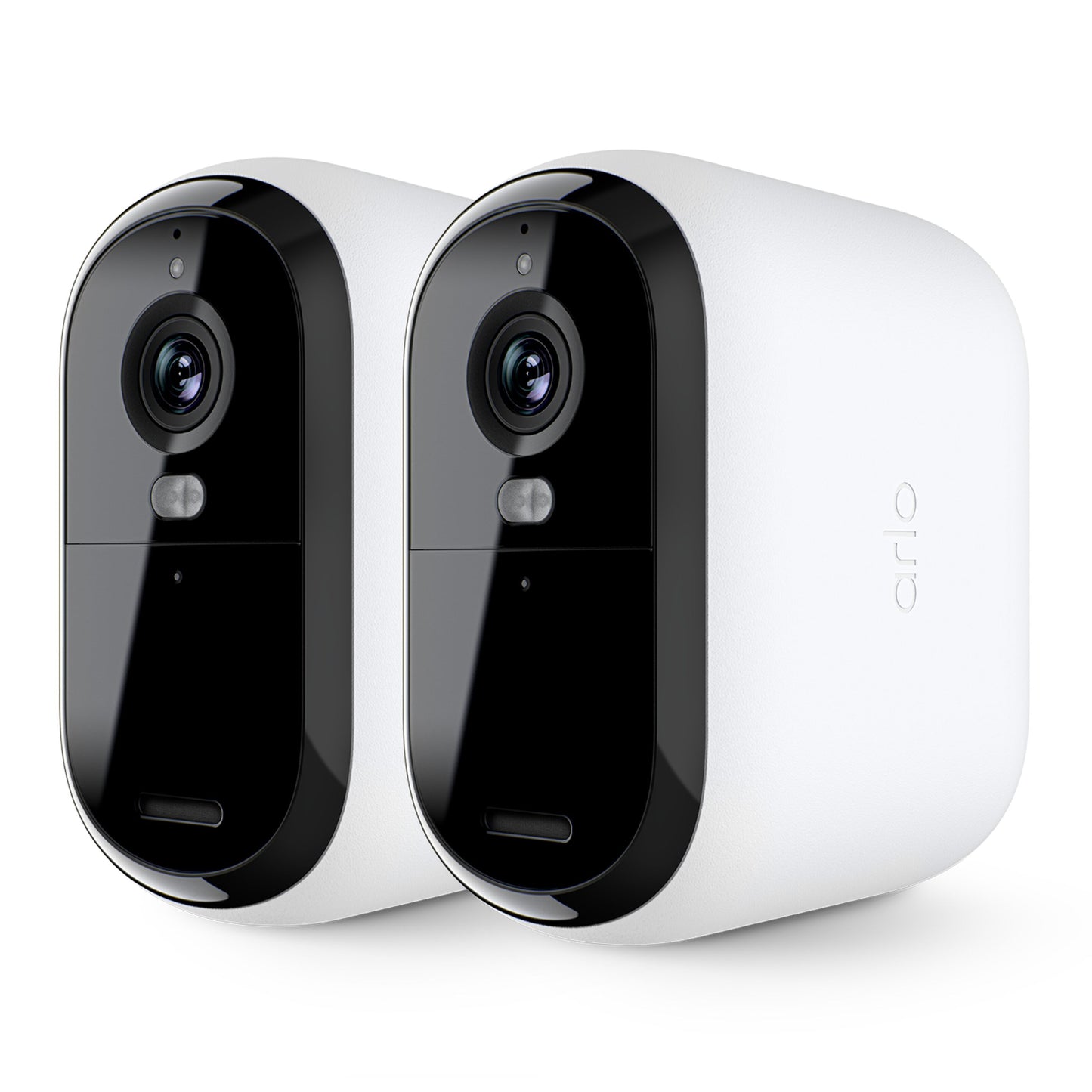 Arlo Essential 3 XL 2K trådløse overvågningskameraer 2-pak, hvid og sort, side om side, udendørs brug.