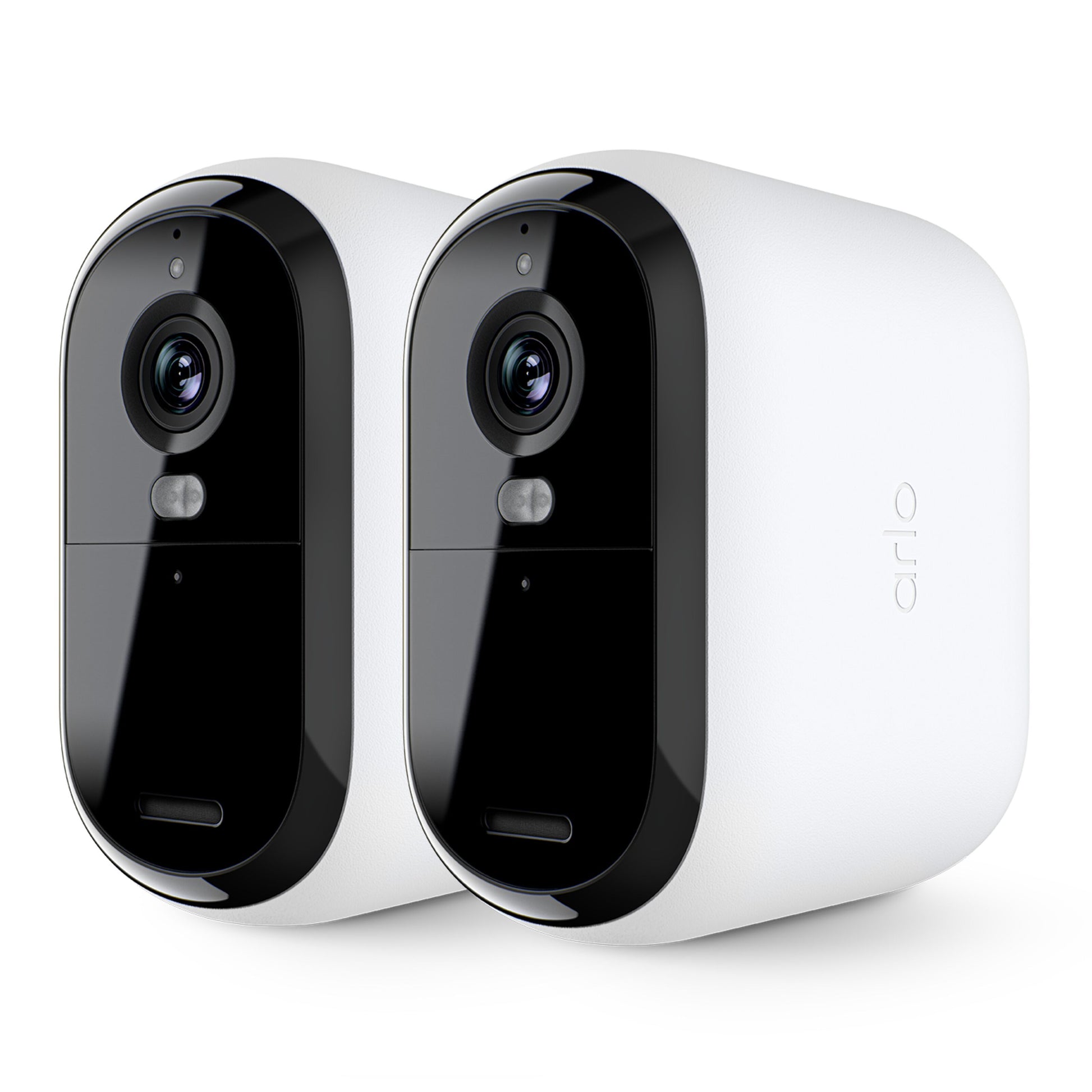 Arlo Essential 3 XL 2K trådløse overvågningskameraer 2-pak, hvid og sort, side om side, udendørs brug.