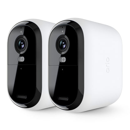 Arlo Essential 3 XL 2K trådløse overvågningskameraer 2-pak, hvid og sort, side om side, udendørs brug.