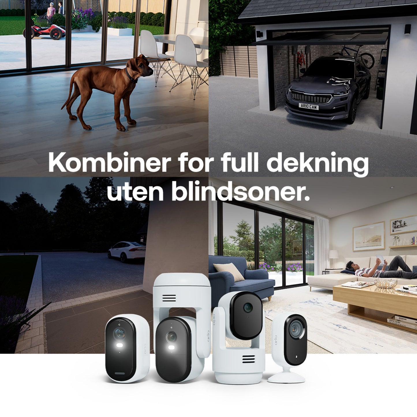Arlo Essential 3 XL 2K trådløse overvågningskameraer 2-pak, hund i stue, bil i garage, natindkørsel, familie.