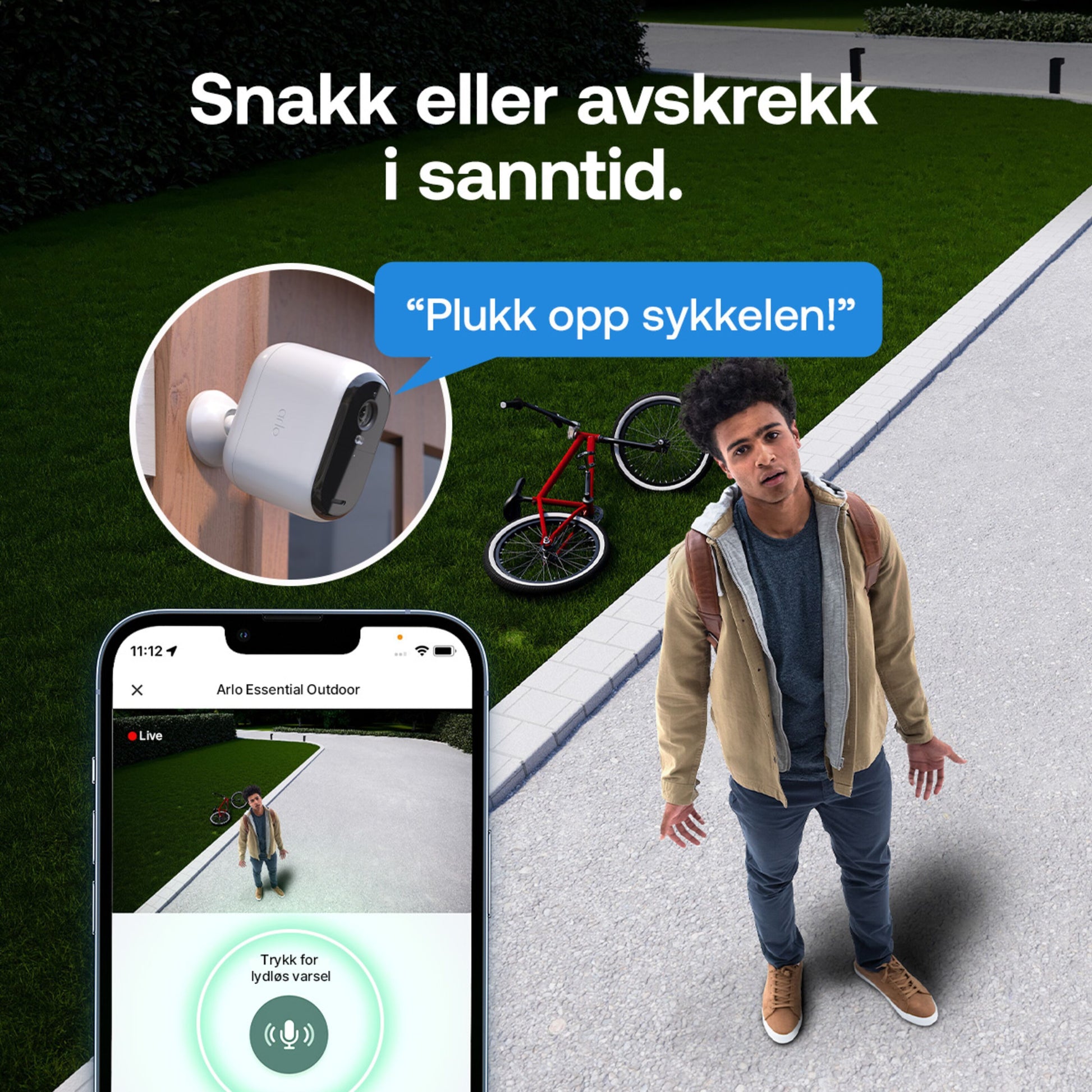 Arlo Essential 3 XL 2K trådløs overvågningskamera vises med live 2K-feed og "send voice alert" i app, tekst: Snak eller afskræk.