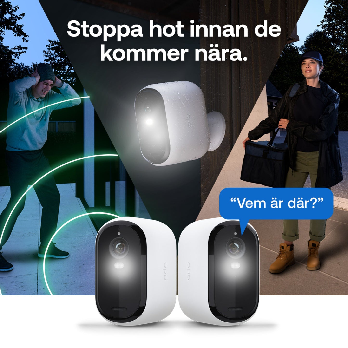 Arlo Essential 3 XL 2K trådløst overvågningskamera 2-pack, med lys, to personer, svensk tekst Stoppa hot innan de kommer nära.