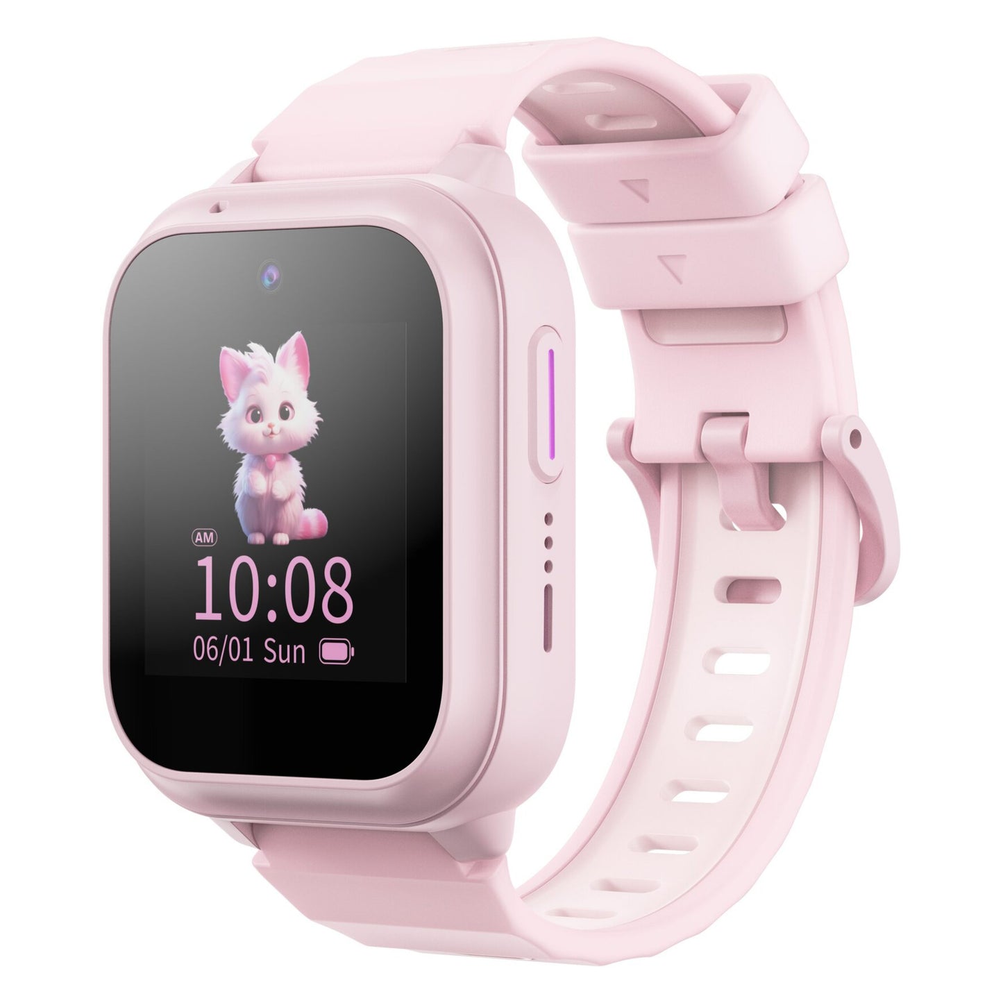 ZTE Watch K2 Pro børnesmartwatch rosa med firkantet skærm, ur, dato, kattemotiv, justerbar rem, sideknap og GPS-tracker.