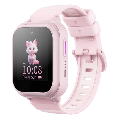 ZTE Watch K2 Pro børnesmartwatch rosa med firkantet skærm, ur, dato, kattemotiv, justerbar rem, sideknap og GPS-tracker.