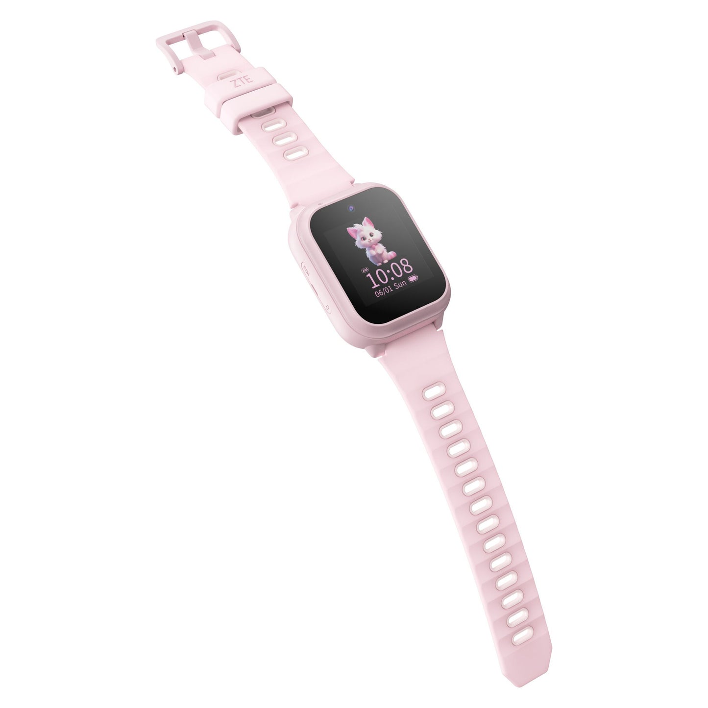 ZTE Watch K2 Pro smartur til børn i rosa, rektangulær skærm med tegneserie-kat, kl 10:08, dato, justerbar rem med spænde.