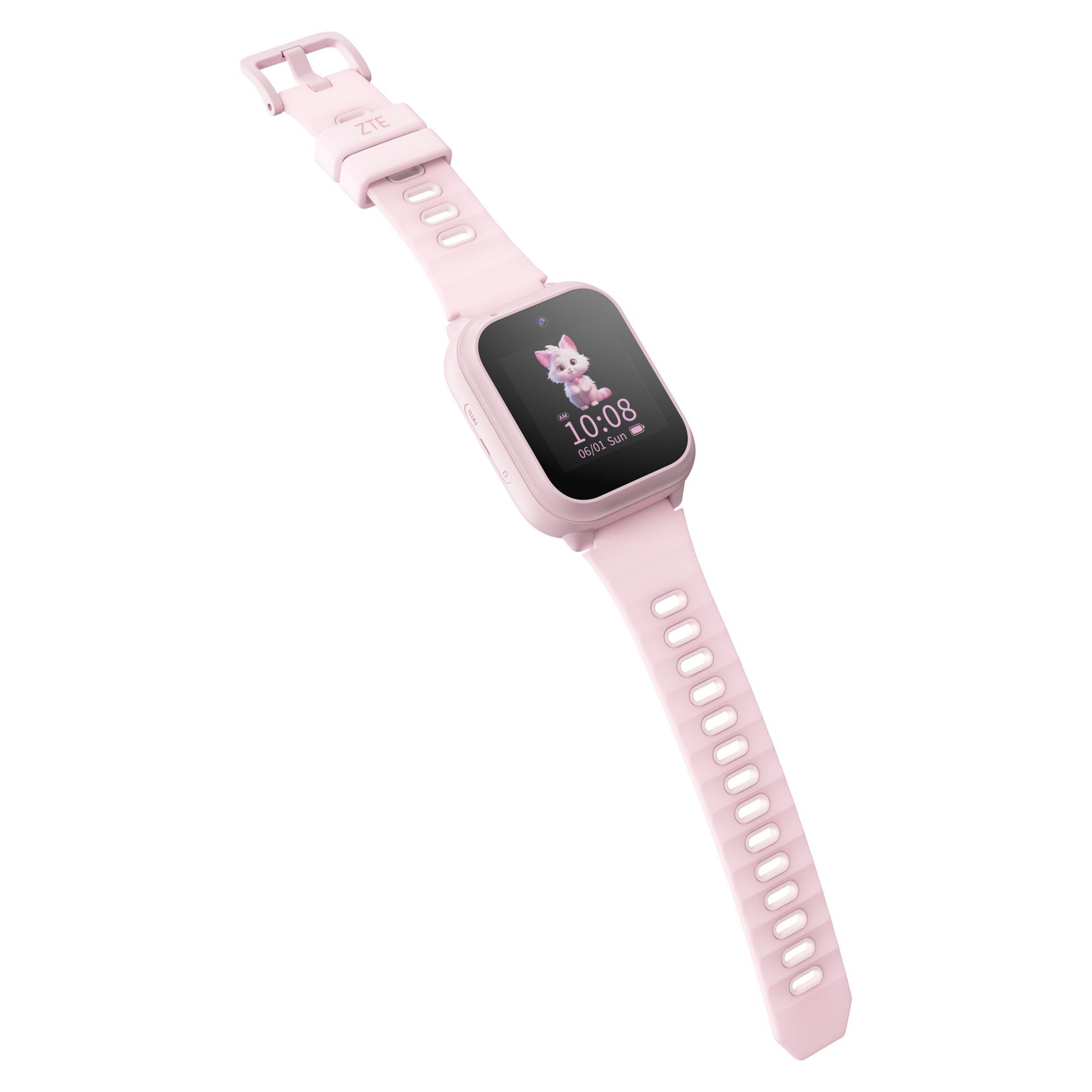 ZTE Watch K2 Pro smartur til børn i rosa, rektangulær skærm med tegneserie-kat, kl 10:08, dato, justerbar rem med spænde.