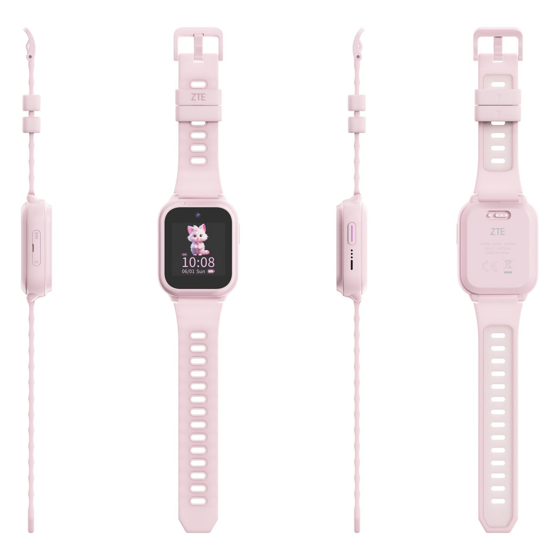 ZTE Watch K2 Pro smartur til børn rosa vises fra fire vinkler med justerbar rem, GPS-tracker og tegnefilm på skærmen.