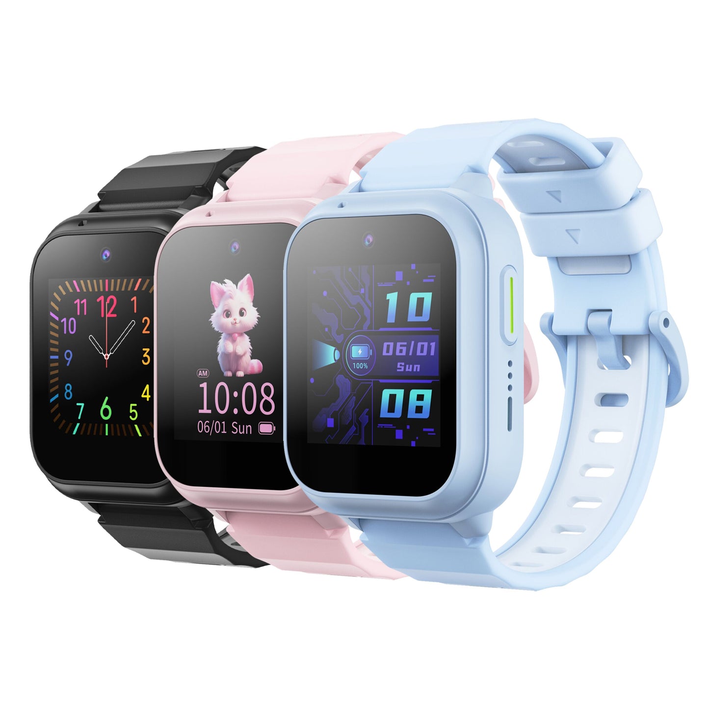 ZTE Watch K2 Pro smartwatch til børn med firkantet skærm, sort silikonebånd, digitale urskiver og SOS-knap.