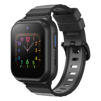 ZTE Watch K2 Pro smartur til børn i sort med firkantet skærm, farverig analog urskive, sort silikonerem og SOS-knap.