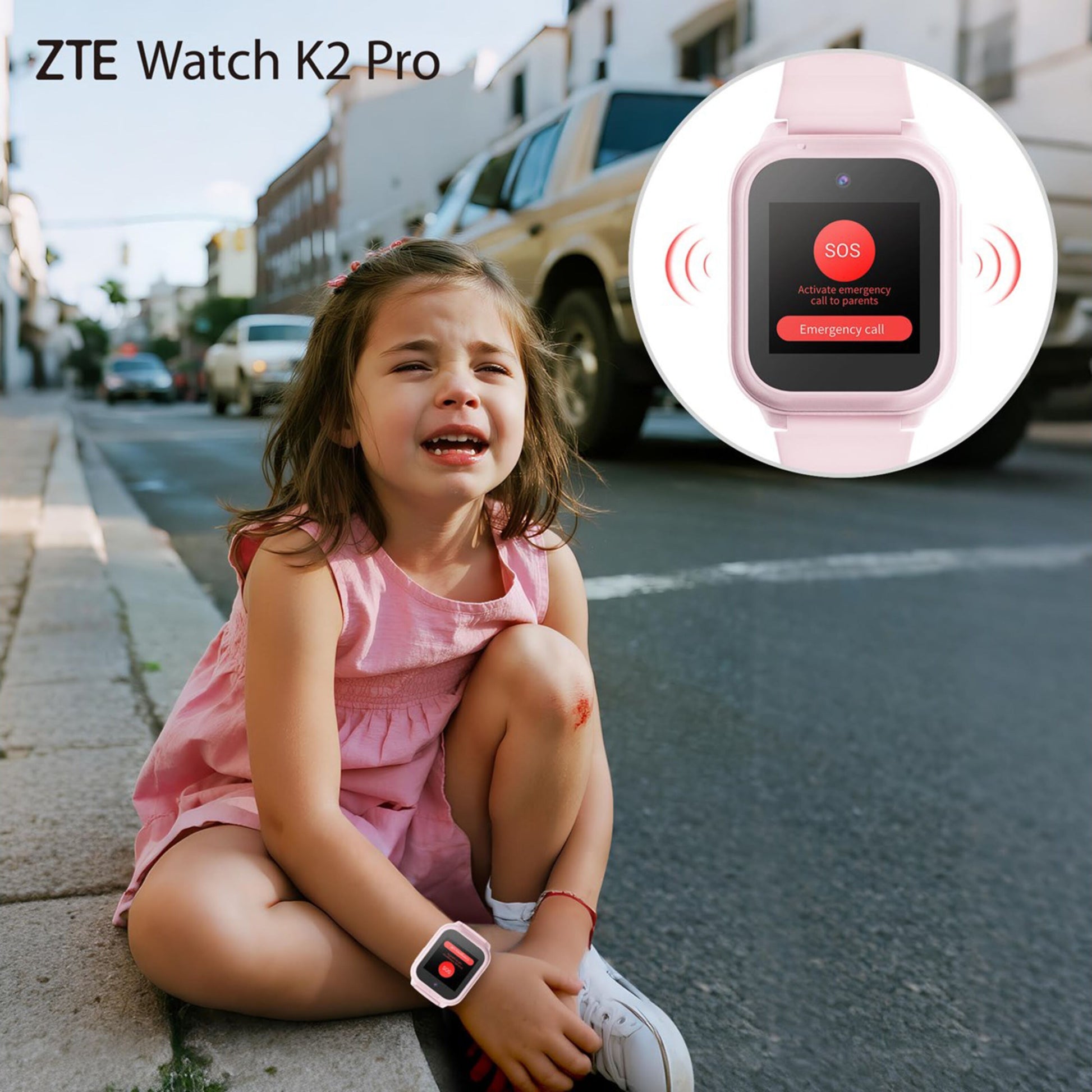 ZTE Watch K2 Pro smartur til børn sort, SOS-nødsituation vises på urskiven, bæres på pigehåndled.