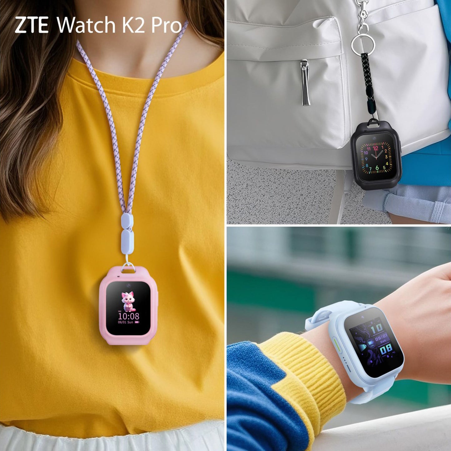 ZTE Watch K2 Pro sort smartur til børn med GPS og 4G kan bæres på håndled, taske eller om halsen med snor.