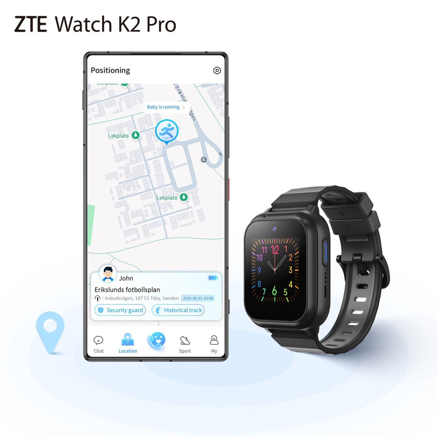 ZTE Watch K2 Pro smartur til børn sort analog urskive viser placering, sikkerhed, historik og SOS-knap på farverig skærm.