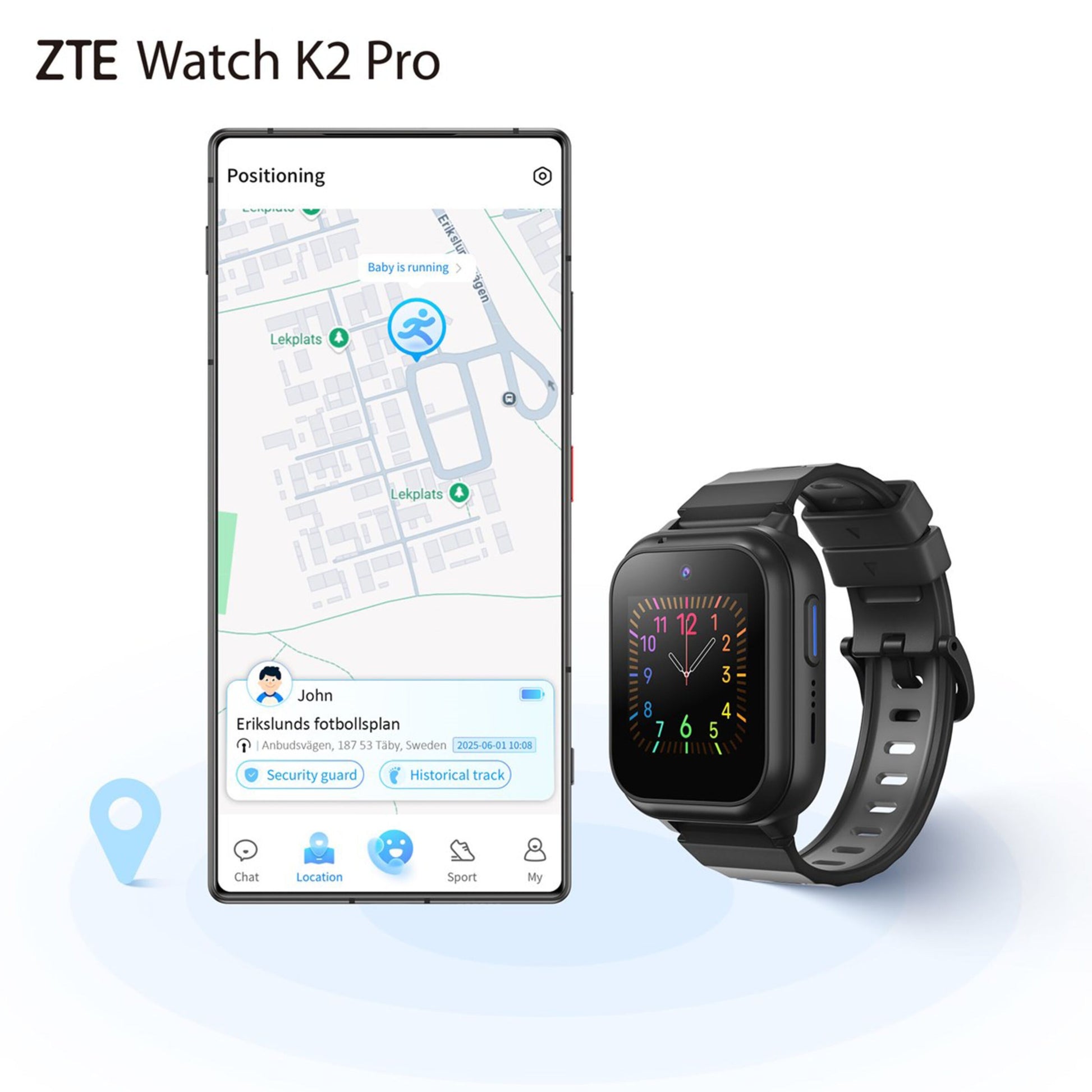 ZTE Watch K2 Pro smartur til børn sort analog urskive viser placering, sikkerhed, historik og SOS-knap på farverig skærm.